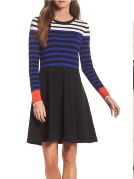 Vince Camuto Dresses & Skirts - Vince Camuto Black Dress with Blue, White & Orange Striped Top S EUC